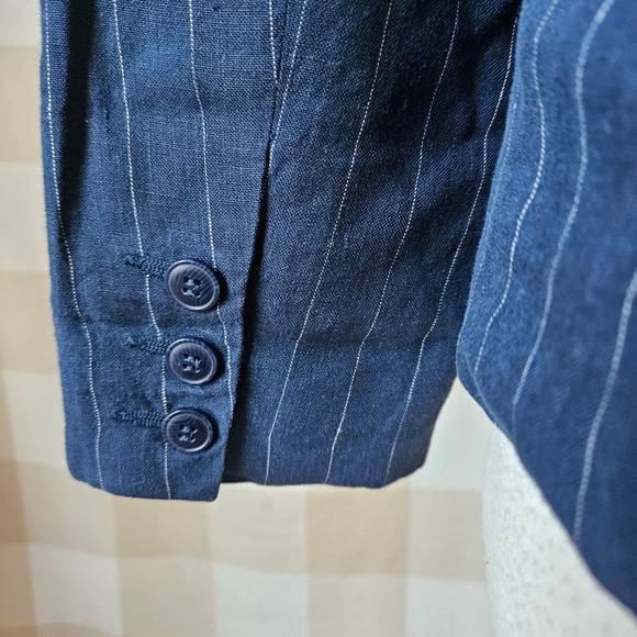 Hennes Navy Blue Pinstripe Tailored Linen Blazer Jacket Preppy Nautical Size 6 - Picture 8 of 9